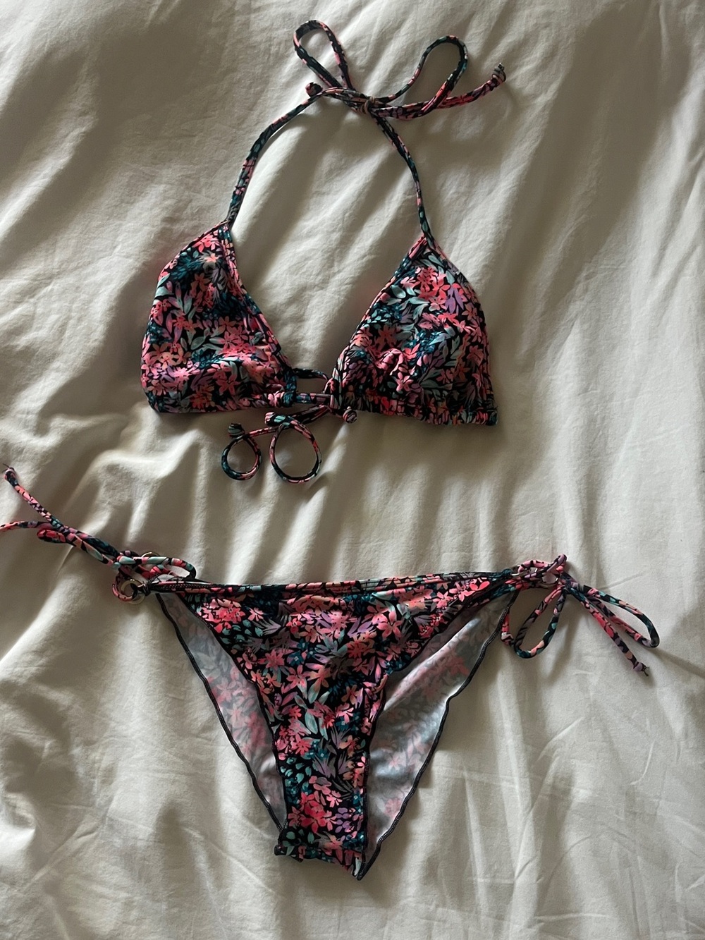 Body Glove Floral Tie-String Bikini in Black, Pink & Teal